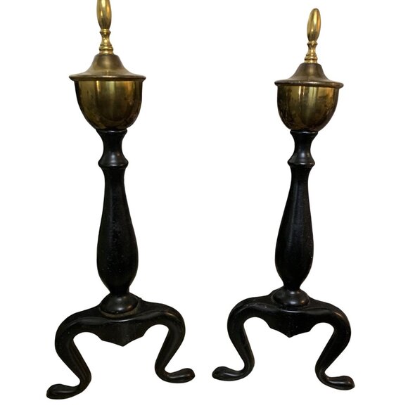 Vintage Federal Style Brass & Black Wrought Iron Andirons Log Holders Pair MCM - Picture 2 of 11